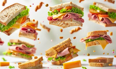 Wall Mural - A selection of sandwiches with different fillings like ham, cheese, and lettuce flying in mid-air with a white background