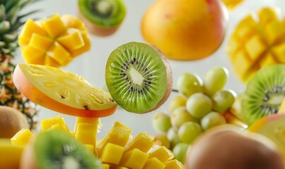 Wall Mural - A variety of exotic fruits like mango, pineapple, and kiwi floating in mid-air with a white background