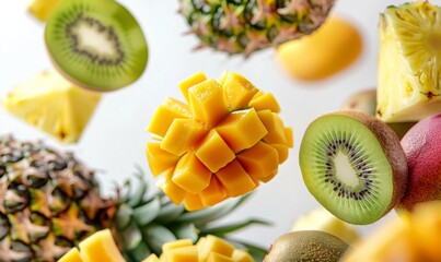 Wall Mural - A variety of exotic fruits like mango, pineapple, and kiwi floating in mid-air with a white background