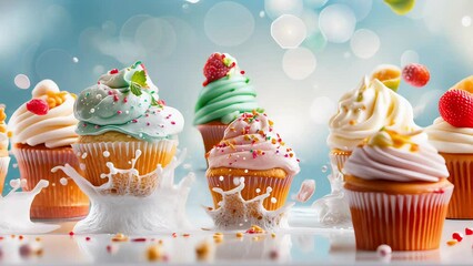 Wall Mural - Cupcakes with frosting and sprinkles float in the air with a splash of milk, berries levitate behind them