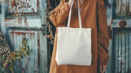 Wall Mural - Woman holding a white tote bag.