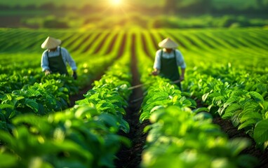 Farmers working in fields with global agricultural trade overlay, food security, international agriculture