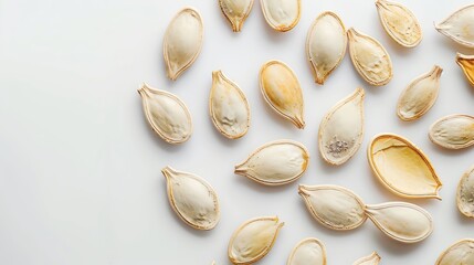 Close-up of scattered pumpkin seeds on a white background. Perfect for illustrating culinary themes, healthy eating, or autumn harvest concepts.