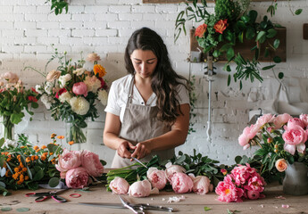 Canvas Print - A florist is working on creating an intricate bouquet of peonies and roses, surrounded by various flowers in the studio with white brick walls