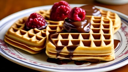 Canvas Print -  Deliciously indulgent waffles with fresh berries and rich chocolate sauce