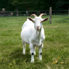 Cheerful White Goat Grazing in Lush Pasture - Farm Life & Livestock in Rural Summer Landscape