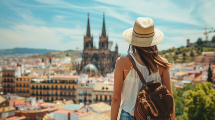 Traveler girl in street of old town in Spain. Young backpacker in solo travel. Vacation, holiday, trip