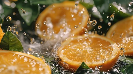 Wall Mural - Sliced oranges with water droplets 