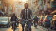 © itchaznong - Indian Businessman in a suit is riding a bicycle in a busy city street