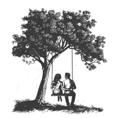 young couple sitting under swing on the tree with engraving style