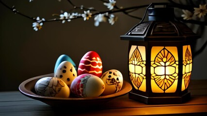 Sticker -  Easter celebration with traditional lantern and decorated eggs