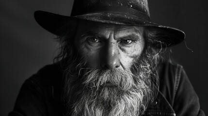 Wall Mural - dramatic black and white portrait of a rugged man with a full beard and weathered hat high contrast lighting emphasizes texture and character evoking a sense of wisdom and life experience