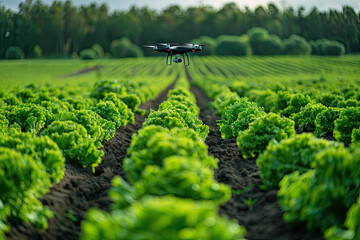 a farm organic and drone flies over a field of crops