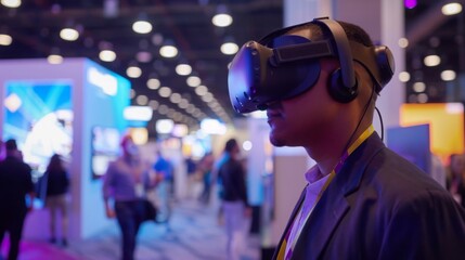 Poster - A man wearing a VR headset looks around a crowded technology conference floor, showcasing the potential of immersive technology.