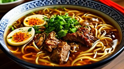 Sticker -  Delicious beef noodle soup with a soft boiled egg and green onions