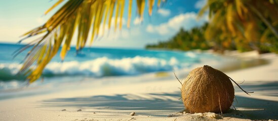 Sticker - Coconut with cracks and shade from tropical tree leaves on the beach. Background for summer with space for text.