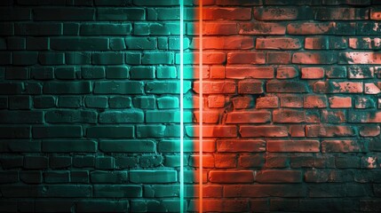 Wall Mural - Modern two-color neon lights green and orange With a dark brick wall background. Can be used as your background