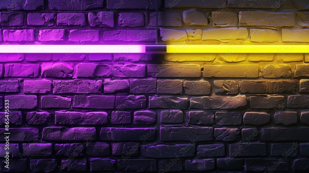 Modern two color neon lights purple and yellow With a dark brick wall ...