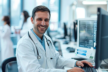 European white doctor smiling and using computer in lab