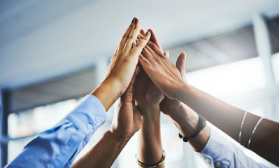 Aufkleber - Meeting, group and thumbs up in negotiation, office and agreement of merger of company and unity. Cooperation, celebration, deal and coalition for politics in Germany, government or yes in business
