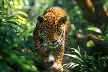 Wall Mural - Leopard running through the rainforest