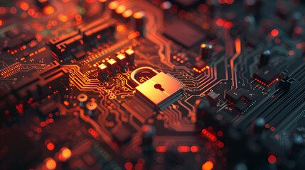 secure connection or cybersecurity service concept of compute motherboard closeup and safety lock with login and connecting verified credentials as wide banner design
