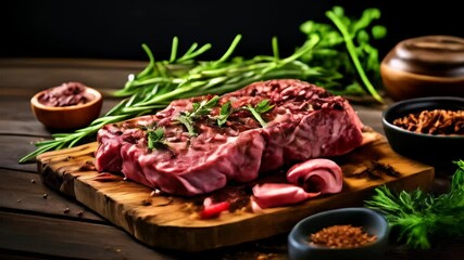 Canvas Print -  Deliciously prepared roast beef with fresh herbs and accompaniments