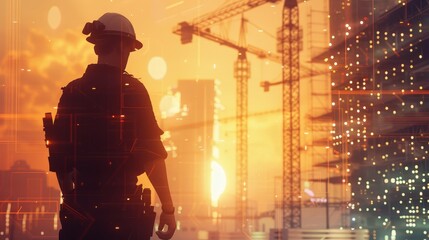 Wall Mural - Construction Worker Silhouetted Against Sunset and Cityscape - A construction worker stands in silhouette against a stunning sunset, with a city under construction in the background. 