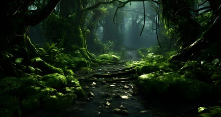 Wall Mural - A lush and dense rainforest with a stream flowing through, bathed in soft sunlight.