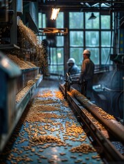 Modern machinery in a pet food factory creating pelleted feed, workers overseeing the process