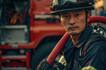 Wall Mural - Portrait of a Japanese firefighter holding a fire hose in front of a fire truck at a fire station, high quality photo, photorealistic, studio lighting, confident expression