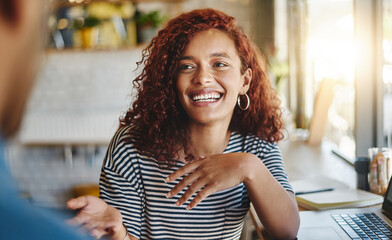 Poster - Happy, talking and woman in coffee shop with laptop for freelance creative project. Smile, discussion and female copywriter with computer for research and conversation with friend at cafe in Brazil.