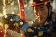 © siripimon2525 - Portrait of a Japanese firefighter preparing fire hoses for a drill, high detail, photorealistic, precise action, bright environment
