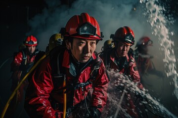 Wall Mural - Portrait of a Japanese firefighter team practicing rescue techniques with fire hoses, high quality photo, photorealistic, energetic atmosphere, studio lighting