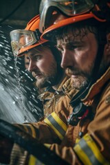 Wall Mural - Portrait of an American firefighter demonstrating the use of a fire hose to a colleague, high quality photo, photorealistic, precise action, bright environment