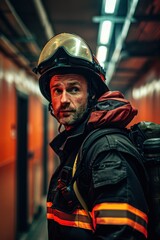 Wall Mural - Portrait of a European firefighter checking the emergency exits in a public building, high detail, photorealistic, focused expression, bright environment