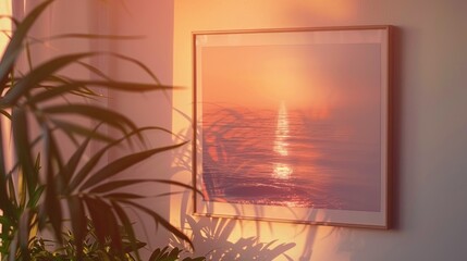 Wall Mural - Photo frame with sunset light and shadow hung on wall