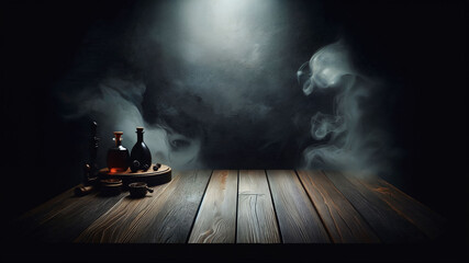 Poster - Dark background with empty wood table and smoke, spot light from top, for product display