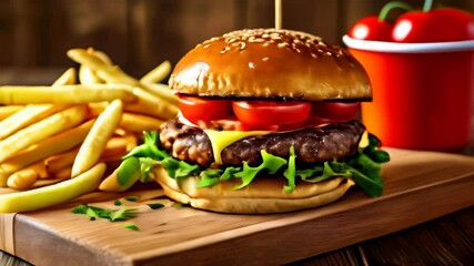 Sticker -  Deliciously stacked burger with fresh toppings served with a side of golden fries and a refreshing drink