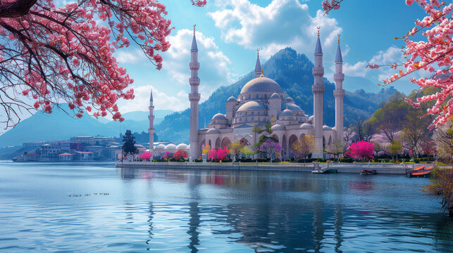 a beautiful mosque near garden and lake