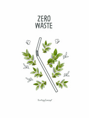 Wall Mural - Hand drawn cartoon sketch of paper straw with green leaves. Zero waste and Sustainable lifestyle. Think Green. Plastic free Ecological poster.