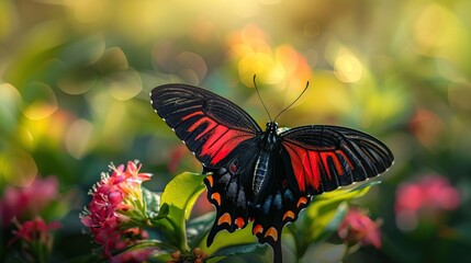 Wall Mural - Black and Red Butterfly on Pink Flowers
