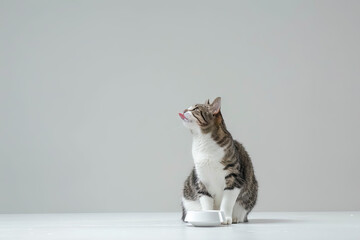 a cat with a bowl of milk next to it