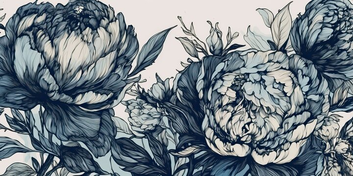 ai generated. ai generative. retro vintage paint drawing ink sketch peonies flowers in blue old styl