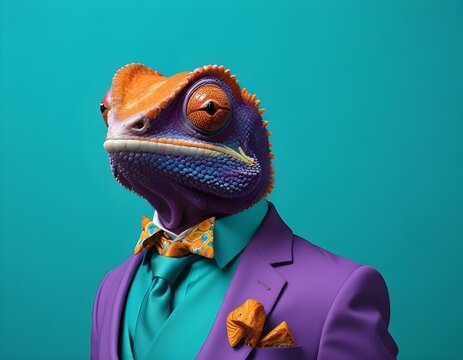 A chameleon wearing a suit and tie against a teal background