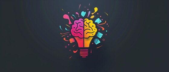 Wall Mural - A vibrant illustration of an illuminated light bulb with the core being a brain