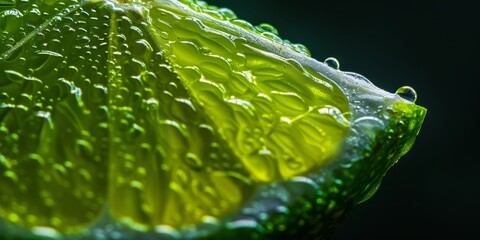 Wall Mural - Close-up of half a lime wedge with drops of juice on the edge of the lime slice, bright green shades and delicate texture of the citrus fruit 