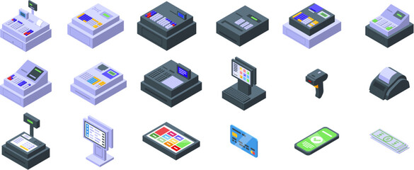 Poster - cashier machine icons set. Variety of cash registers are displayed, showcasing the evolution and diversity of point of sale systems