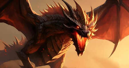 Wall Mural - a fierce dragon with fiery eyes and wings spread wide in a dramatic fantasy setting