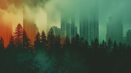 Wall Mural - forest merging with tall building close up, focus on, copy space, striking visuals, Double exposure silhouette with architectural impact